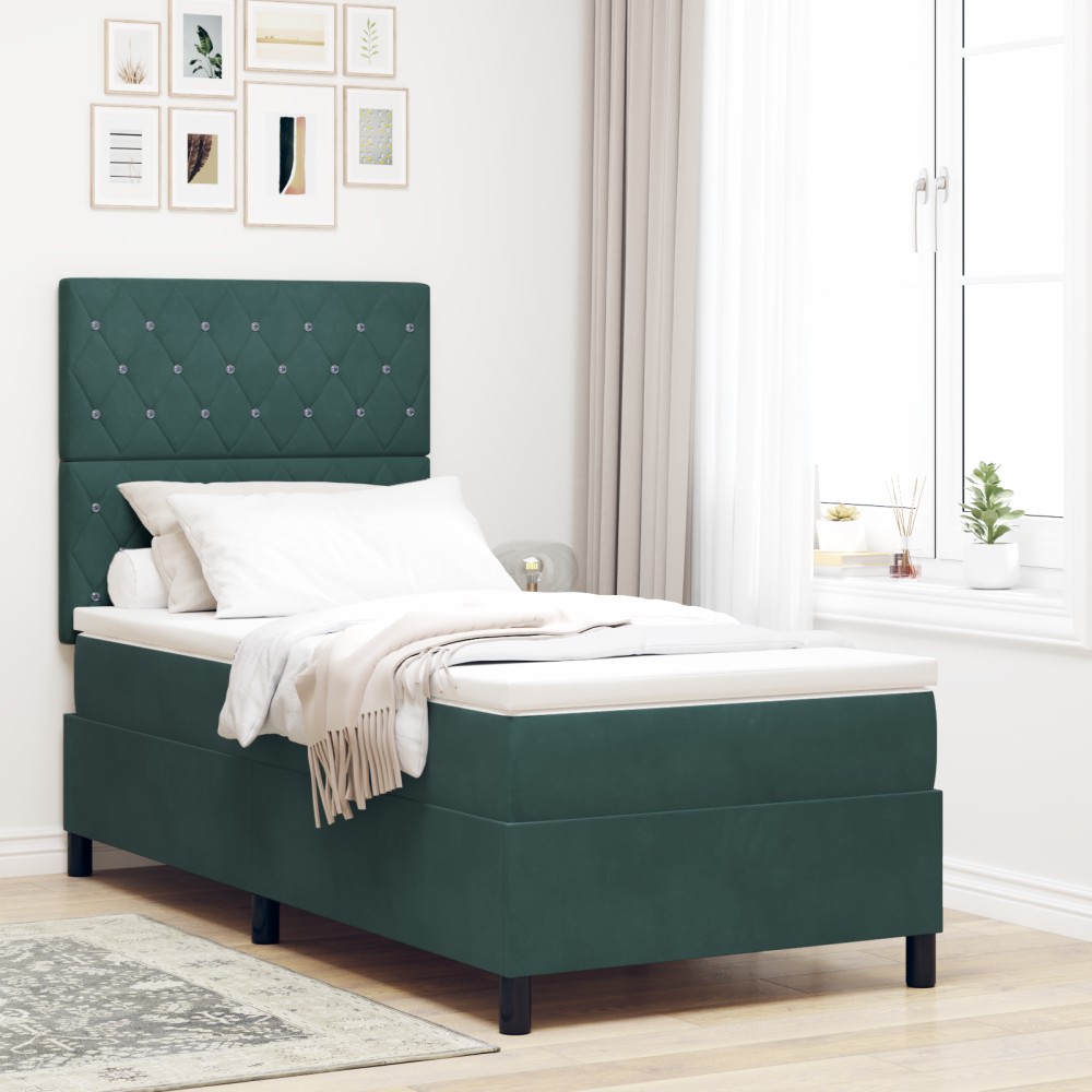 vidaXL Κρεβάτι Box Spring με Στρώμα Σκούρο Πράσινο 100x200 εκ. Βελούδο