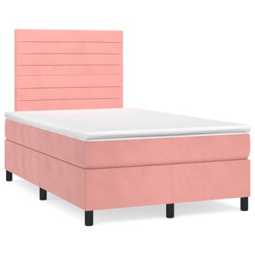 vidaXL Κρεβάτι Boxspring με Στρώμα & LED Ροζ 120x190 εκ. Βελούδινο
