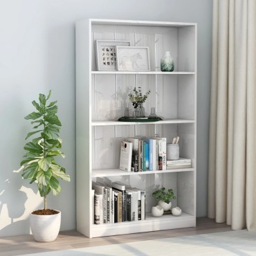 vidaXL Βιβλιοθήκη με 4 Ράφια Γυαλιστερό Λευκό 80x24x142cm Επεξ. Ξύλο 1 τεμ.