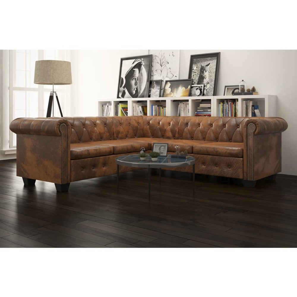 vidaXL Γωνιακός Καναπές Chesterfield 5 Θέσεων Καφέ από Συνθετικό Δέρμα 205x205x73cm
