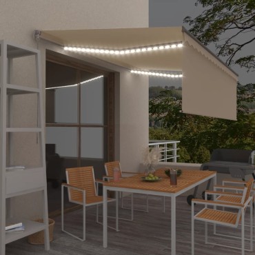 vidaXL Τέντα Συρόμενη Χειροκίνητη με Σκίαστρο & LED Κρεμ 4 x 3 μ.