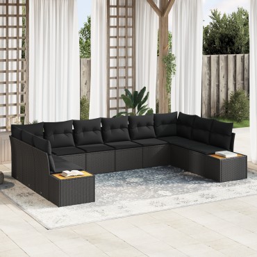 vidaXL 10 τεμαχίων σετ καναπέ κήπου με μαξιλάρια Μαύρο Συνθετικό ρατάν Ακακία