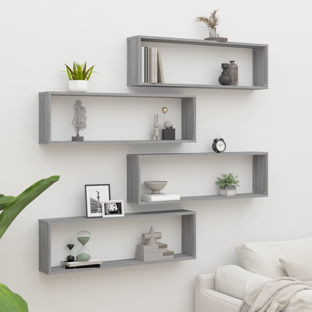 vidaXL Ραφιέρες Τοίχου Κύβος 4 τεμ. Γκρι Sonoma 100x15x30cm Επεξ. Ξύλο