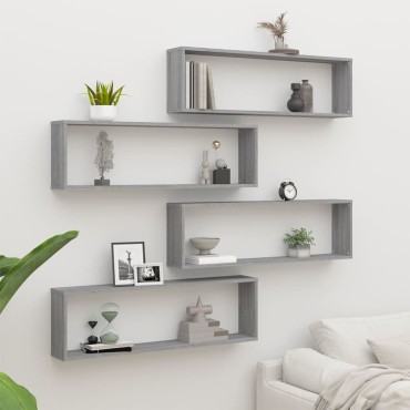 vidaXL Ραφιέρες Τοίχου Κύβος 4 τεμ. Γκρι Sonoma 100x15x30cm Επεξ. Ξύλο