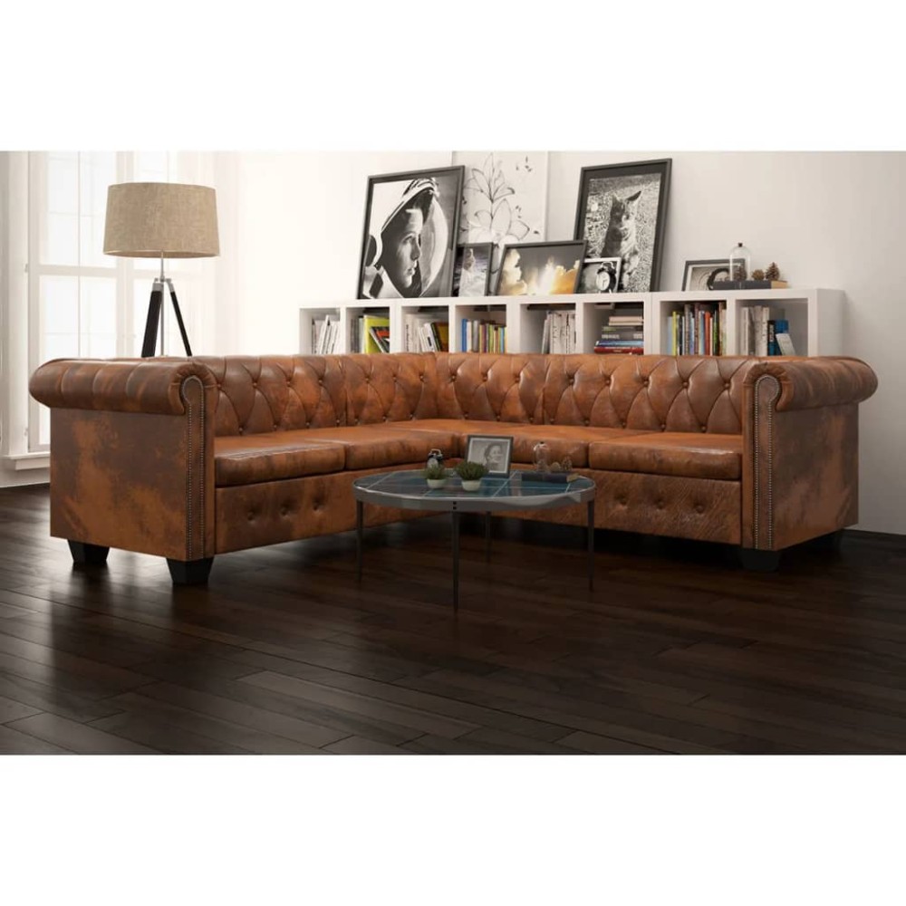vidaXL Καναπές Γωνιακός Πενταθέσιος Chesterfield Καφέ Συνθετικό Δέρμα 205x205x73cm 1 τεμ.