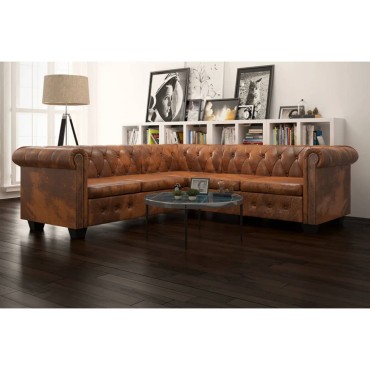 vidaXL Καναπές Γωνιακός Πενταθέσιος Chesterfield Καφέ Συνθετικό Δέρμα 205x205x73cm 1 τεμ.