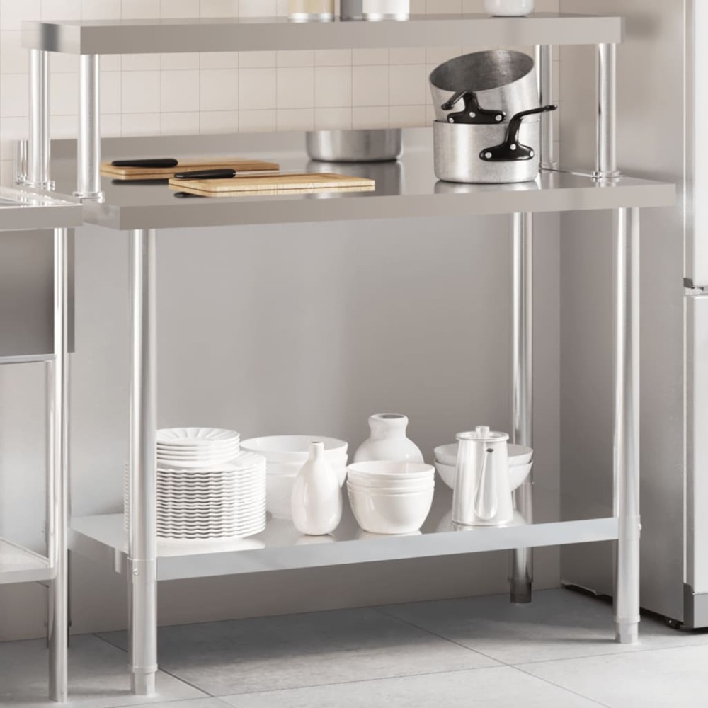 vidaXL Πάγκος Εργασίας Κουζίνας με Ράφι 110x55x120 εκ. Ανοξείδ. Ατσάλι