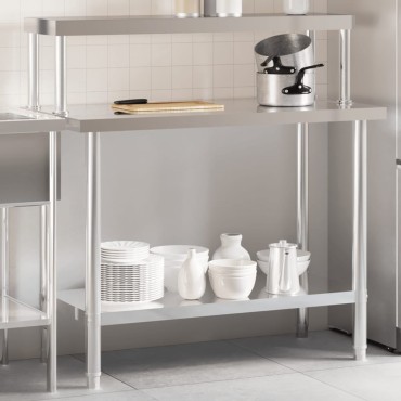 vidaXL Πάγκος Εργασίας Κουζίνας με Ράφι 110x55x120 εκ. Ανοξείδ. Ατσάλι