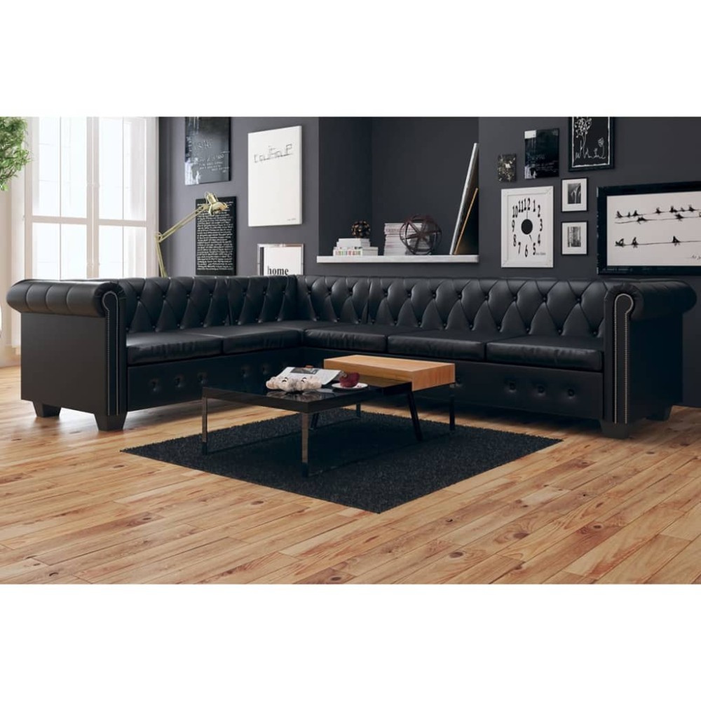 vidaXL Καναπές Γωνιακός Εξαθέσιος Chesterfield Μαύρος Συνθετικό Δέρμα 260x205x73cm 1 τεμ.