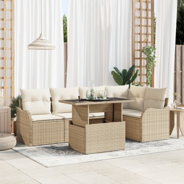 vidaXL Σετ Καναπέ Κήπου 6 τεμ. Μπεζ Πολυ Ρατάν 121x62x85cm  Γωνιακός