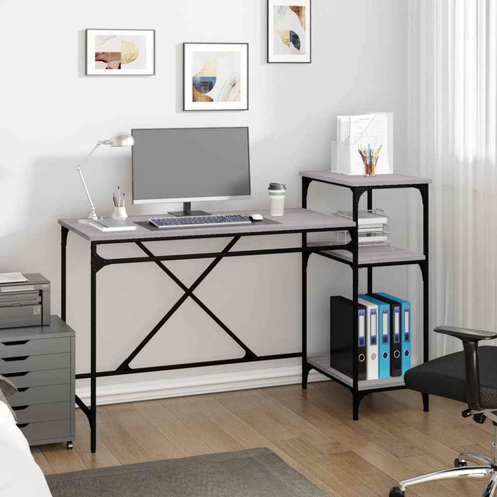 vidaXL Γραφείο με Ράφια Γκρι Sonoma 135x50x90cm Επεξ. Ξύλο/Σίδηρος 1 τεμ.