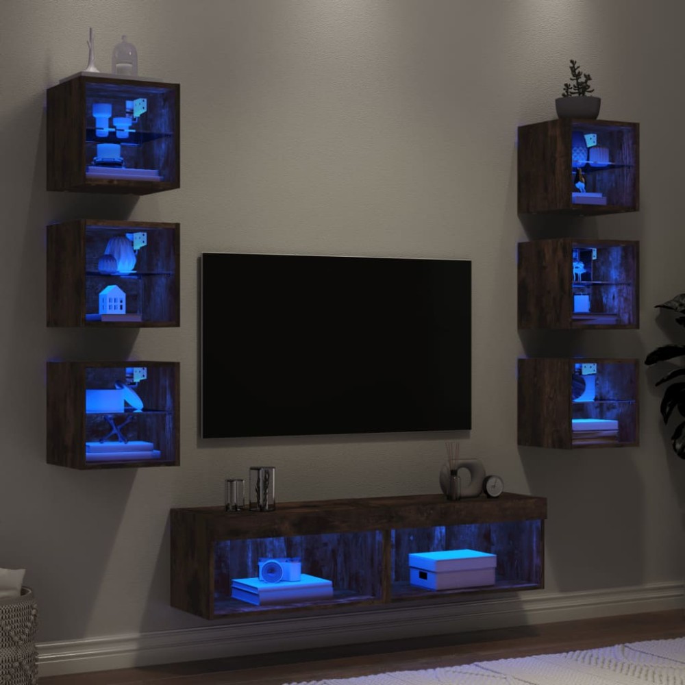 vidaXL Έπιπλα Τοίχου Τηλεόρασης 8 τεμ LED Καπνιστή Δρυς από Επεξ. Ξύλο