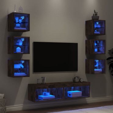 vidaXL Έπιπλα Τοίχου Τηλεόρασης 8 τεμ LED Καπνιστή Δρυς από Επεξ. Ξύλο