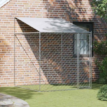 vidaXL Κλουβί Σκυλιού με Στέγη Ασημί 200 x 200 x 258 εκ Χάλυβας και PE