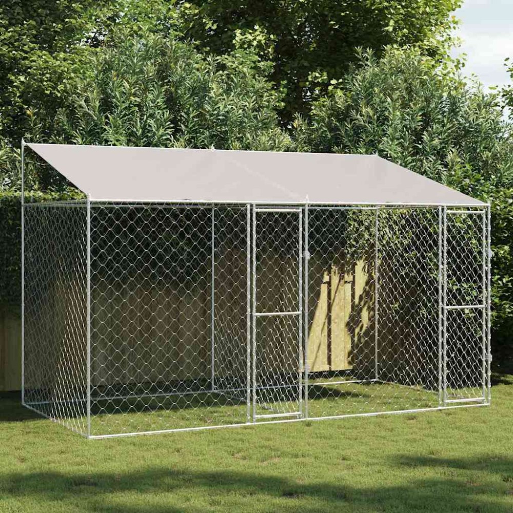 vidaXL Κλουβί Σκυλιού με Στέγη Ασημί 400 x 200 x 256 εκ Χάλυβας και PE