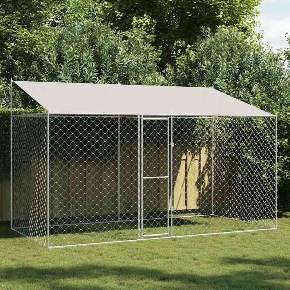 vidaXL Κλουβί Σκυλιού με Στέγη Ασημί 400 x 200 x 256 εκ Χάλυβας και PE