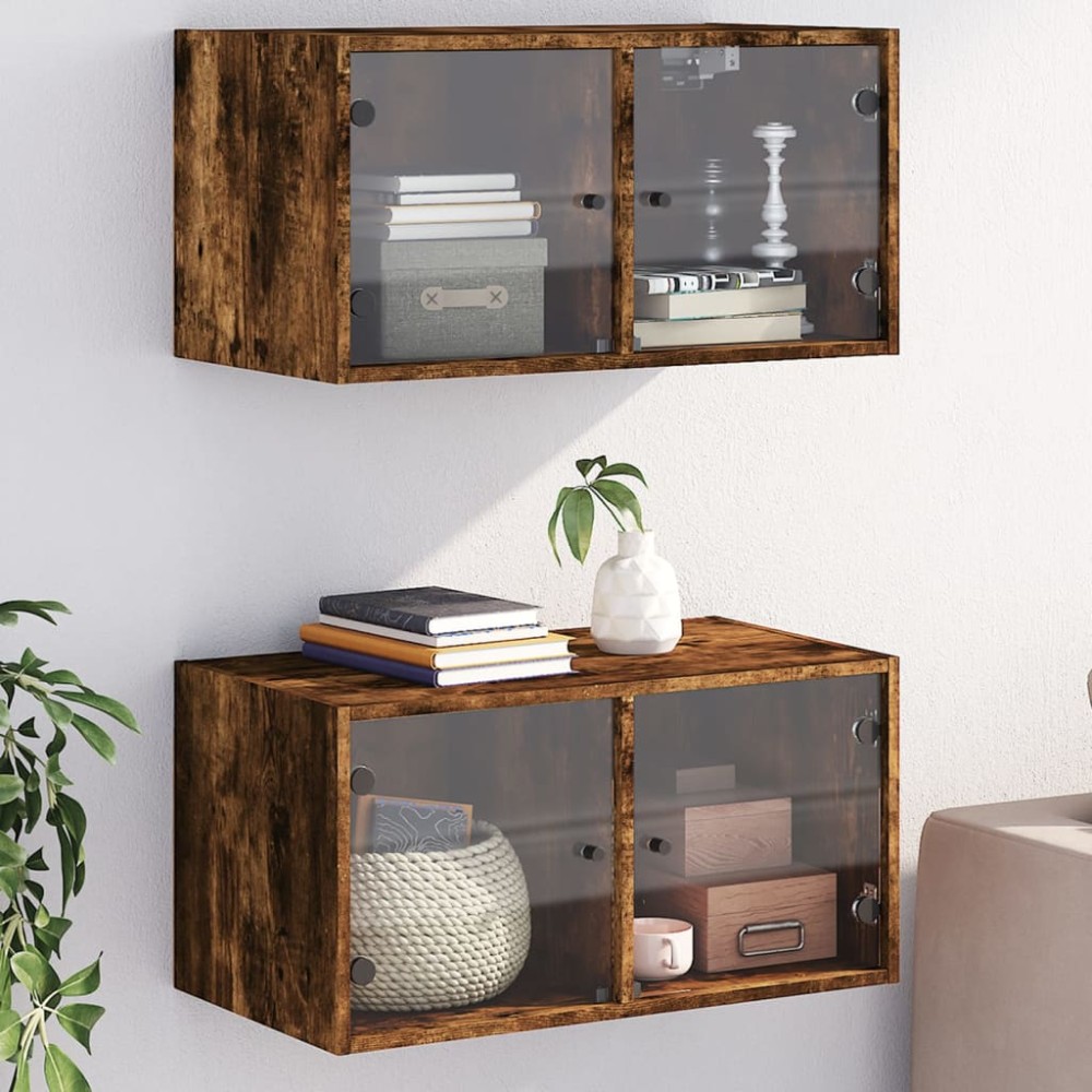 vidaXL Κομοδίνα 2 τεμ. Καπνιστή Δρυς 68,5x37x35cm με Γυάλινες Πόρτες