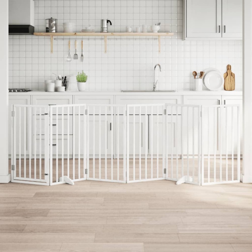 vidaXL Πόρτα Σκύλου με Πόρτα, Πτυσσόμενη 6 Πάνελ, Λευκή, Ξύλο Λεύκας 300 εκ. vidaXL Πόρτα Σκύλου με Πόρτα, Πτυσσόμενη 6 Πάνελ, Λευκή, Ξύλο Λεύκας 300 εκ.