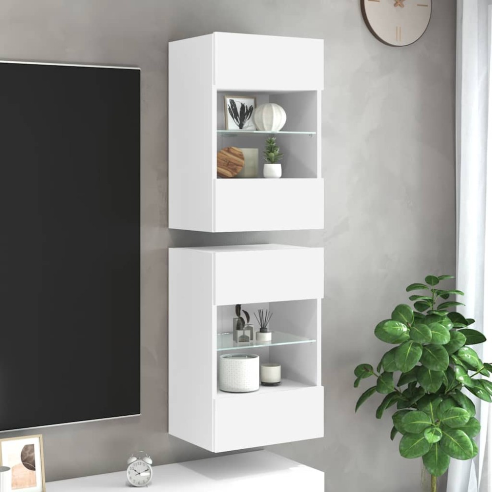 vidaXL Κρεμαστά ντουλάπια με φώτα LED για τηλεόραση 2 τεμ. Λευκά 40x30x60,5cm