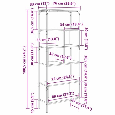 vidaXL Βιβλιοθήκη 7 επιπέδων 76x33x188,5cm Επεξεργασμένο Ξύλο 1 τεμ.