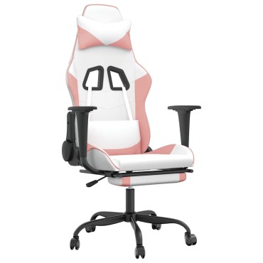 vidaXL Καρέκλα Gaming Μασάζ Υποπόδιο Λευκό & Ροζ από Συνθετικό Δέρμα 66x56x(120,5-131)cm 1 τεμ.