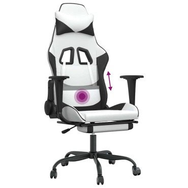 vidaXL Καρέκλα Gaming Μασάζ Υποπόδιο Λευκό & Μαύρο από Συνθετικό Δέρμα 66x56x(120,5-131)cm 1 τεμ.