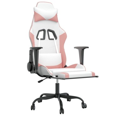 vidaXL Καρέκλα Gaming με Υποπόδιο Λευκό και Ροζ από Συνθετικό Δέρμα 66x56x(120,5-131)cm 1 τεμ.