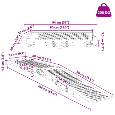 vidaXL Πτυσσόμενη ράμπα 200kg ανά ράμπα 2 pcs Ασημί 166 x 23 x 4,5 εκ