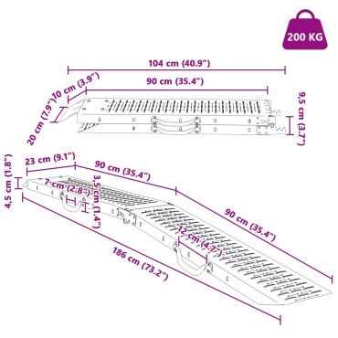 vidaXL Πτυσσόμενη ράμπα 200kg ανά ράμπα Ασημί 186 x 23 x 4,5 εκ