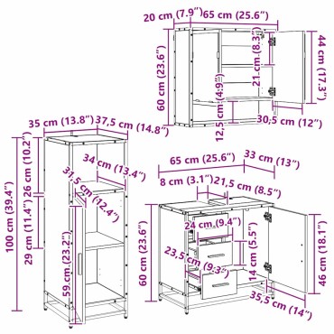 vidaXL Σετ Επίπλων Μπάνιου 3 τεμ. Μαύρη Οξυά 35x37,5x100cm