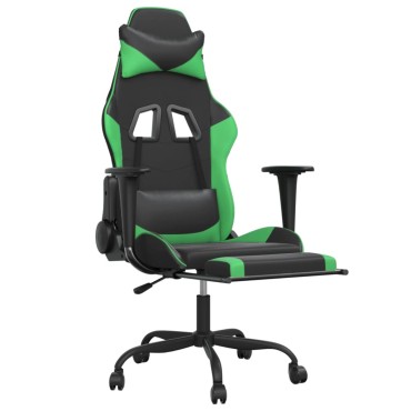 vidaXL Καρέκλα Gaming Μασάζ Υποπόδιο Μαύρο/Πράσινο από Συνθετικό Δέρμα 66x56x(120,5-131)cm 1 τεμ.