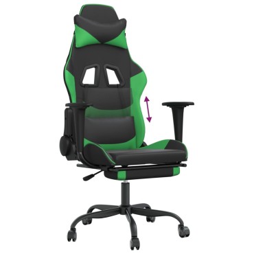 vidaXL Καρέκλα Gaming Μασάζ Υποπόδιο Μαύρο/Πράσινο από Συνθετικό Δέρμα 66x56x(120,5-131)cm 1 τεμ.