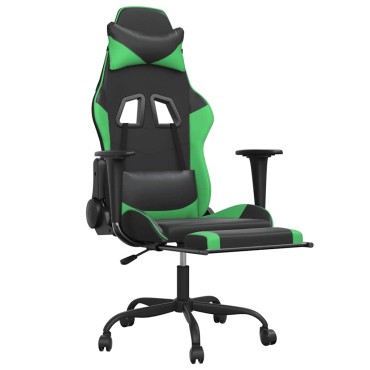 vidaXL Καρέκλα Gaming Μασάζ Υποπόδιο Μαύρο/Πράσινο από Συνθετικό Δέρμα 66x56x(120,5-131)cm 1 τεμ.