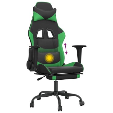 vidaXL Καρέκλα Gaming Μασάζ Υποπόδιο Μαύρο/Πράσινο από Συνθετικό Δέρμα 66x56x(120,5-131)cm 1 τεμ.