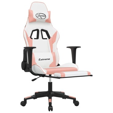 vidaXL Καρέκλα Gaming Μασάζ Υποπόδιο Λευκό & Ροζ από Συνθετικό Δέρμα 67x58x(118-128)cm 1 τεμ.