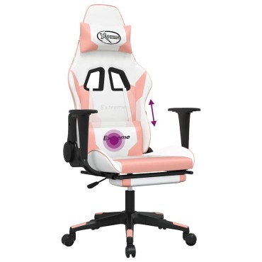 vidaXL Καρέκλα Gaming Μασάζ Υποπόδιο Λευκό & Ροζ από Συνθετικό Δέρμα 67x58x(118-128)cm 1 τεμ.