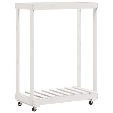 vidaXL Ξυλοθήκη με Τροχούς Λευκή 76,5x40x108 εκ. από Μασίφ Ξύλο Πεύκου