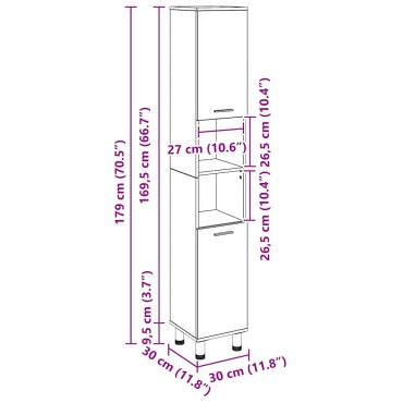 vidaXL Ντουλάπι Μπάνιου Μαύρη Οξυά 30x30x179cm Επεξεργασμένο Ξύλο 1 τεμ.