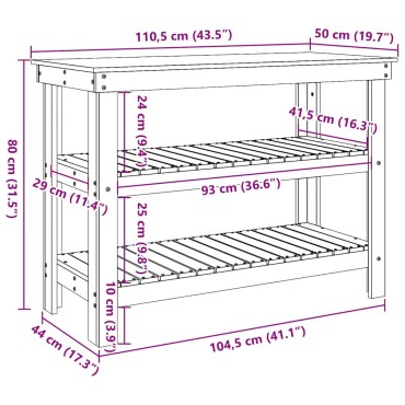 vidaXL Πάγκος εργασίας με ράφι 110,5 x 50 x 80 cm Μασίφ Ξύλο Πεύκου