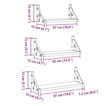 vidaXL Ράφι Τοίχου 3 τεμ. Καπνιστό Δρύς 37x12x13cm