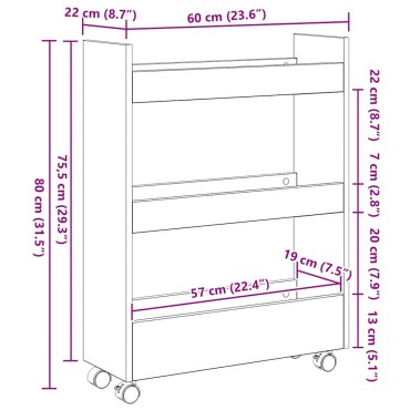 vidaXL Λεπτό Καρότσι Αποθήκευσης Μαύρη Οξυά 60x22x80cm