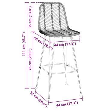 vidaXL Καρέκλα Μπαρ 2 τεμ. Φυσικό 44x53x111cm Καλάμι και Σίδερο