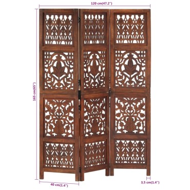 vidaXL Παραβάν Σκαλιστό στο Χέρι 3 Πάνελ Καφέ 120x165cm Ξύλο Μάνγκο 1 τεμ.