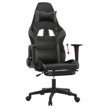 vidaXL Καρέκλα Gaming Μασάζ Υποπόδιο Μαύρο/Γκρι από Συνθετικό Δέρμα 64x60x(117-127)cm 1 τεμ.
