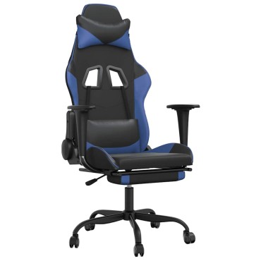 vidaXL Καρέκλα Gaming Μασάζ Υποπόδιο Μαύρο & Μπλε από Συνθετικό Δέρμα 66x56x(120,5-131)cm 1 τεμ.