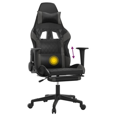 vidaXL Καρέκλα Gaming Μασάζ Υποπόδιο Μαύρο&Γκρι από Συνθετικό Δέρμα 64x60x(117-127)cm 1 τεμ.