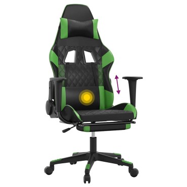 vidaXL Καρέκλα Gaming Μασάζ Υποπόδιο Μαύρο/Πράσινο από Συνθετικό Δέρμα 64x60x(117-127)cm 1 τεμ.