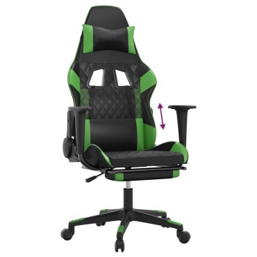 vidaXL Καρέκλα Gaming Μασάζ Υποπόδιο Μαύρο/Πράσινο από Συνθετικό Δέρμα 64x60x(117-127)cm 1 τεμ.