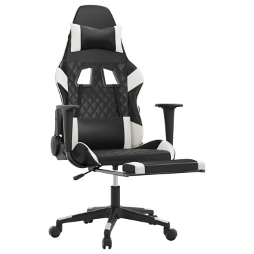 vidaXL Καρέκλα Gaming Μασάζ Υποπόδιο Μαύρο/Λευκό από Συνθετικό Δέρμα 64x60x(117-127)cm 1 τεμ.
