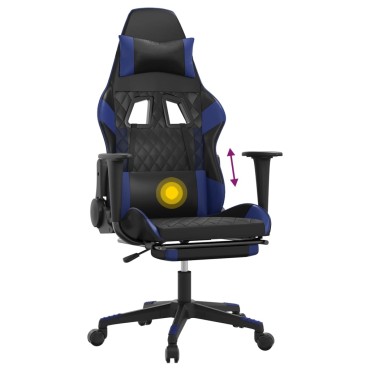 vidaXL Καρέκλα Gaming Μασάζ Υποπόδιο Μαύρο & Μπλε από Συνθετικό Δέρμα 64x60x(117-127)cm 1 τεμ.